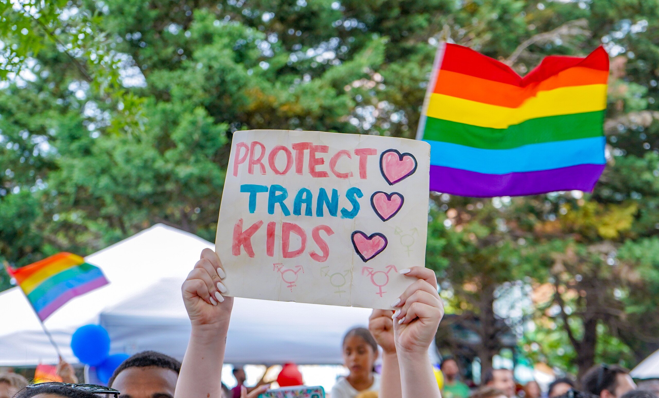 Someone holds a sign that reads "protect trans kids" with rainbow flags in the background.